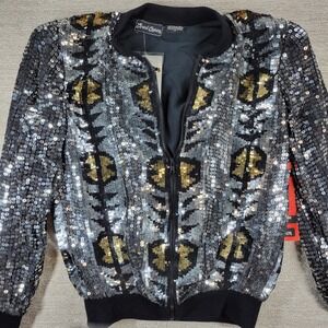 Vintage Jewel Queen Sequin Bomber Jacket Sz M Silk Deadstock Disco Glam Chic NWT